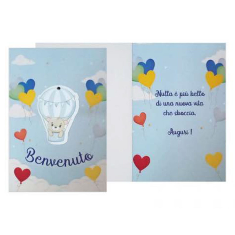 Biglietto auguri BENVENUTO con ciondolo in legno a forma di Mongolfiera con Orso