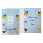 Biglietto auguri BENVENUTO con ciondolo in legno a forma di Mongolfiera con Orso