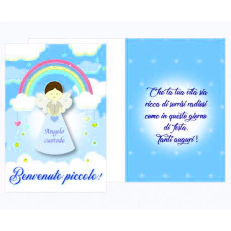 Biglietto auguri BENVENUTO Piccolo con ciondolo in legno a forma Angelo Custode