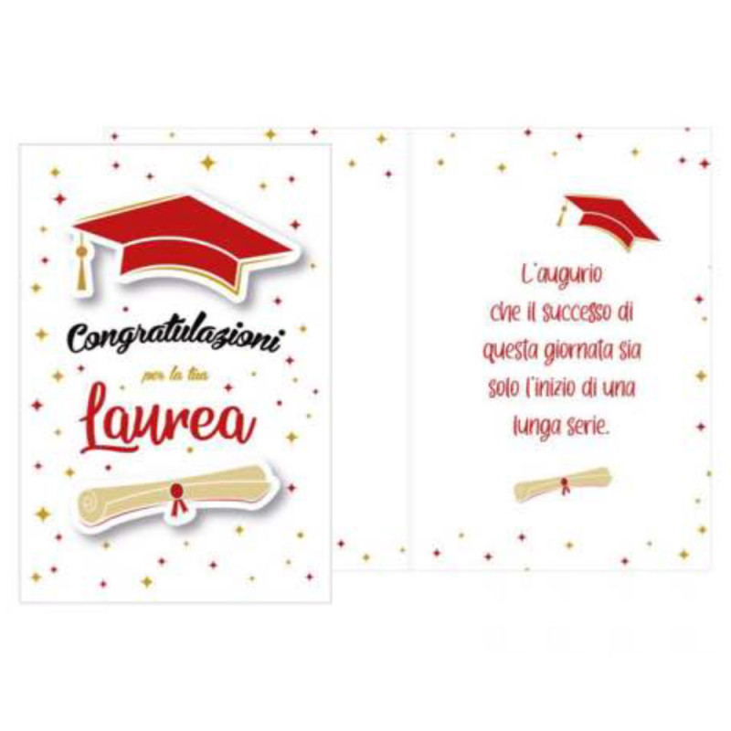 Biglietto di auguri Congratulazione per la tua LAUREA - Tocco Rosso e pergamena