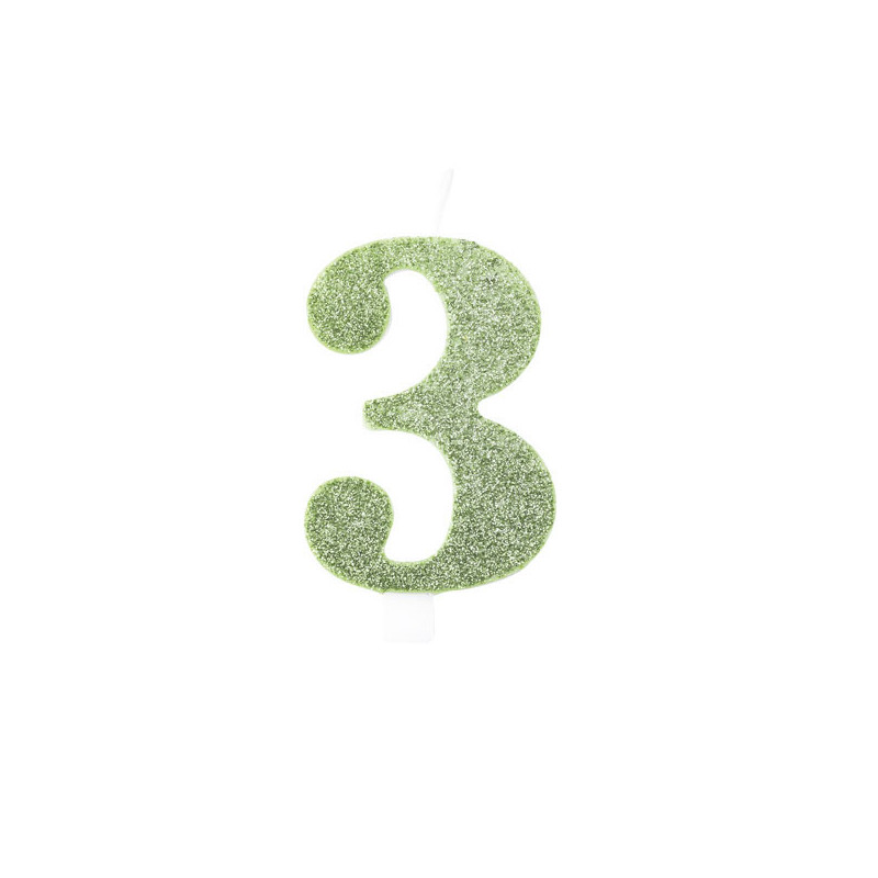 CANDELA numero 3 tre VERDE SALVIA - Bio GLITTER - candelina in cera per torta