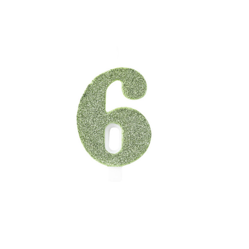 CANDELA numero 6 sei VERDE SALVIA - Bio GLITTER - candelina in cera per torta