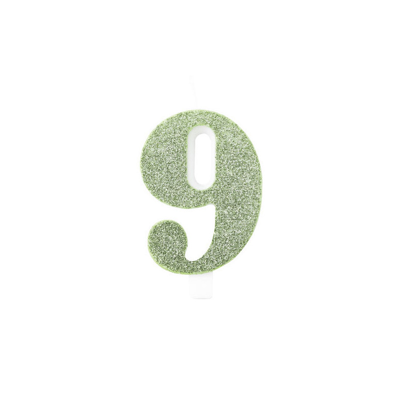 CANDELA numero 9 nove VERDE SALVIA - Bio GLITTER - candelina in cera per torta