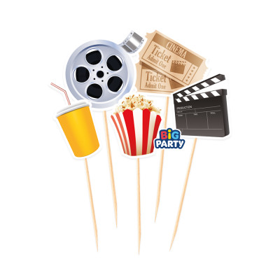 Set 5 mini Cake Topper in carta tema CINEMA - decorazione torte dolci - h15cm