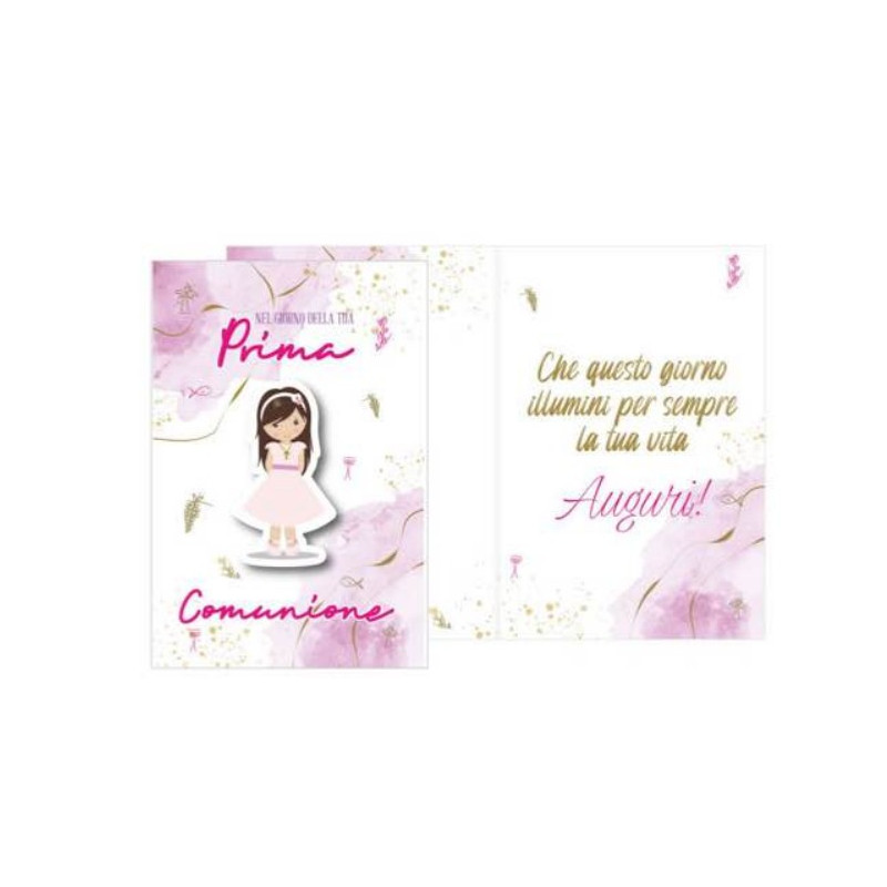 Biglietto auguri COMUNIONE con ciondolo in legno con Bambina - Rosa