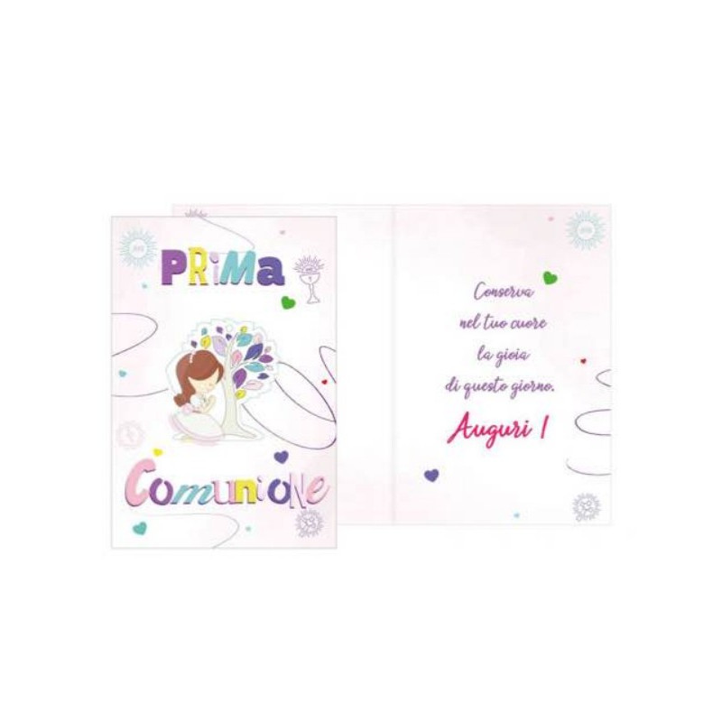 Biglietto auguri COMUNIONE con ciondolo in legno con Bambina e albero della vita