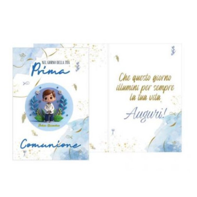 Biglietto auguri COMUNIONE con ciondolo in legno con Bambino - Blu