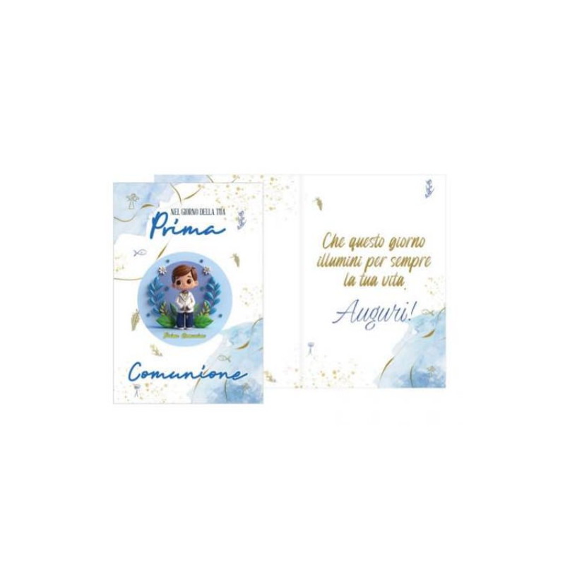 Biglietto auguri COMUNIONE con ciondolo in legno con Bambino - Blu