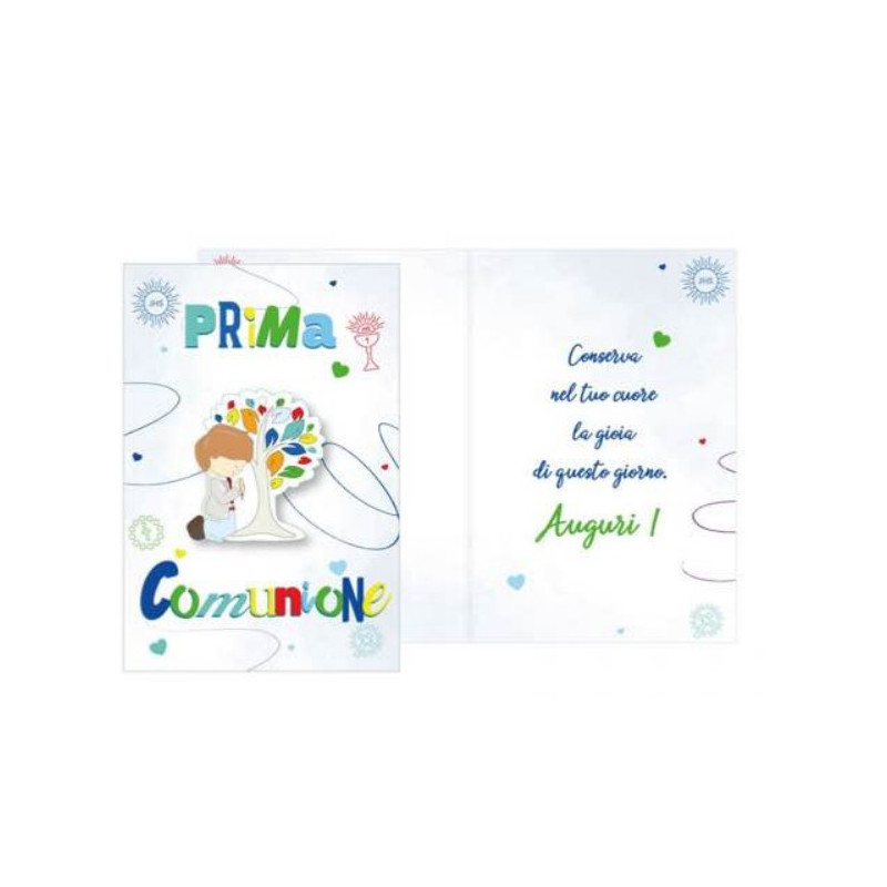 Biglietto auguri COMUNIONE con ciondolo in legno con Bambino e albero della vita