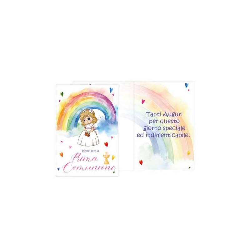 Biglietto di Auguri Comunione Bimba con arcobaleno - con finiture fucsia lucido