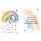 Biglietto di Auguri Comunione Bimba con arcobaleno - con finiture fucsia lucido