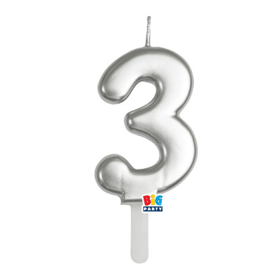 CANDELA numero 3 Tre ARGENTO Metal - Tiny Plump - candelina in cera per torta