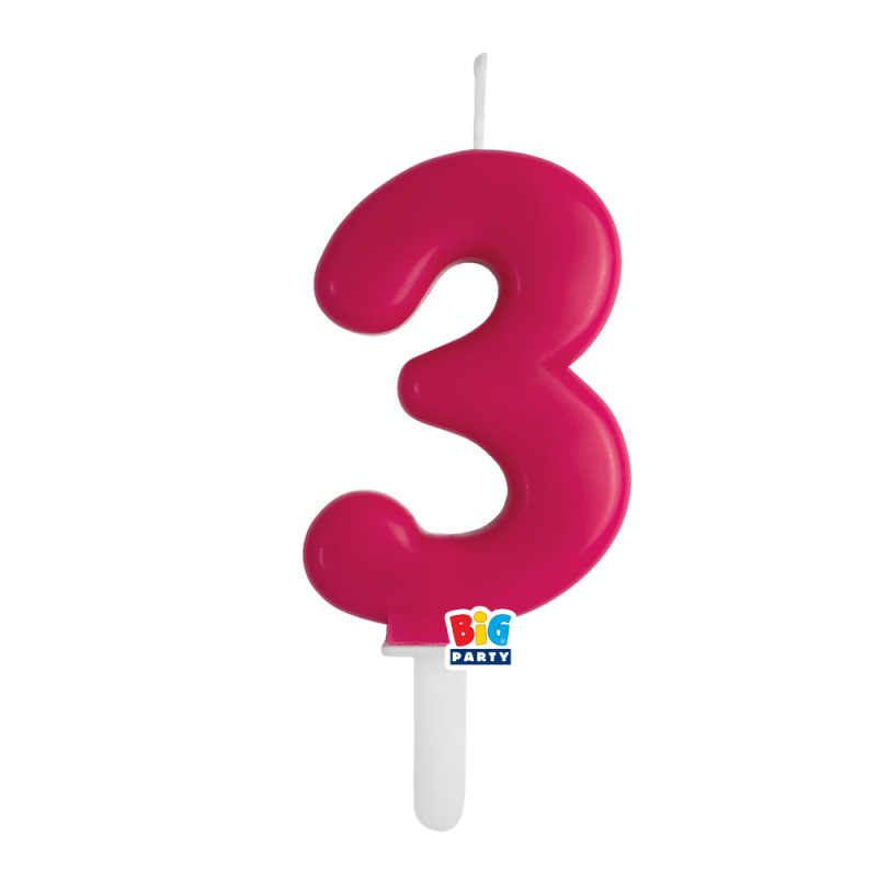 CANDELA numero 3 Tre FUCSIA CHERRY - Tiny Plump - candelina in cera per torta