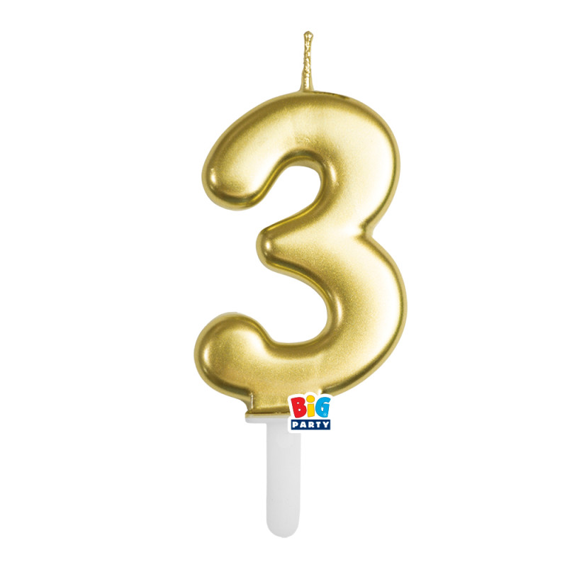 CANDELA numero 3 Tre ORO Metal - Tiny Plump - candelina in cera per torta