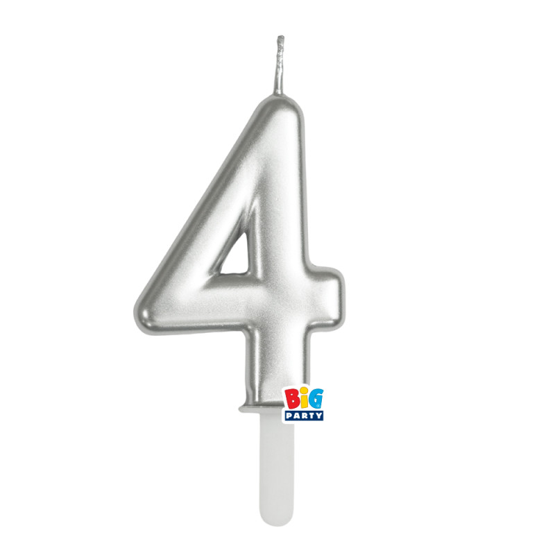 CANDELA numero 4 Quattro ARGENTO Metal - Tiny Plump - candelina in cera per torta