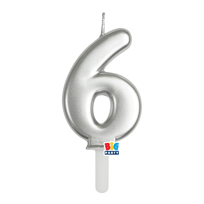 CANDELA numero 6 Sei ARGENTO Metal - Tiny Plump - candelina in cera per torta