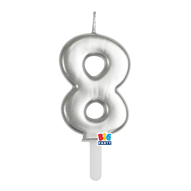 CANDELA numero 8 Otto ARGENTO Metal - Tiny Plump - candelina in cera per torta