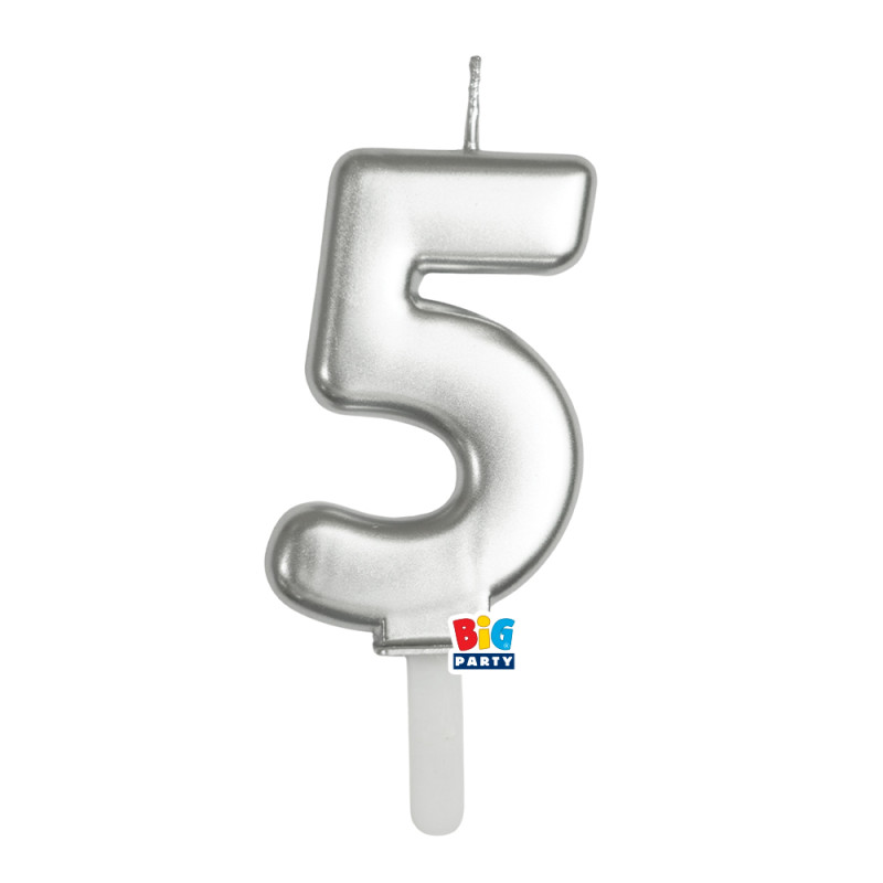 CANDELA numero 5 Cinque ARGENTO Metal - Tiny Plump - candelina in cera per torta