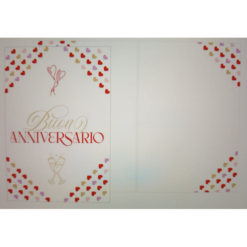 Biglietto d'auguri Buon Anniversario con cuori e flute - completo di busta