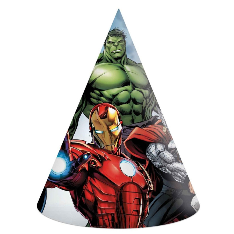 6 Cappellini carta AVENGERS con stampa ron man, Hulk, Thor, Capitan America