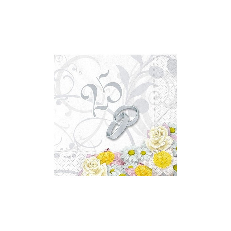 20 Tovaglioli in carta ANNIVERSARIO NOZZE D'ARGENTO 25 anni con fiori bianchi e crema - 25x25cm - 2 veli