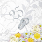 20 Tovaglioli in carta ANNIVERSARIO NOZZE D'ARGENTO 25 anni con fiori bianchi e crema - 25x25cm - 2 veli