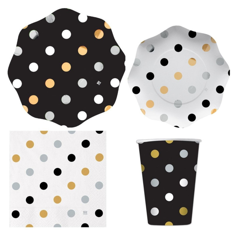 Coordinato tavola Pois Prestige nero, oro,bianco argento - Piatti, bicchiere tovaglioli