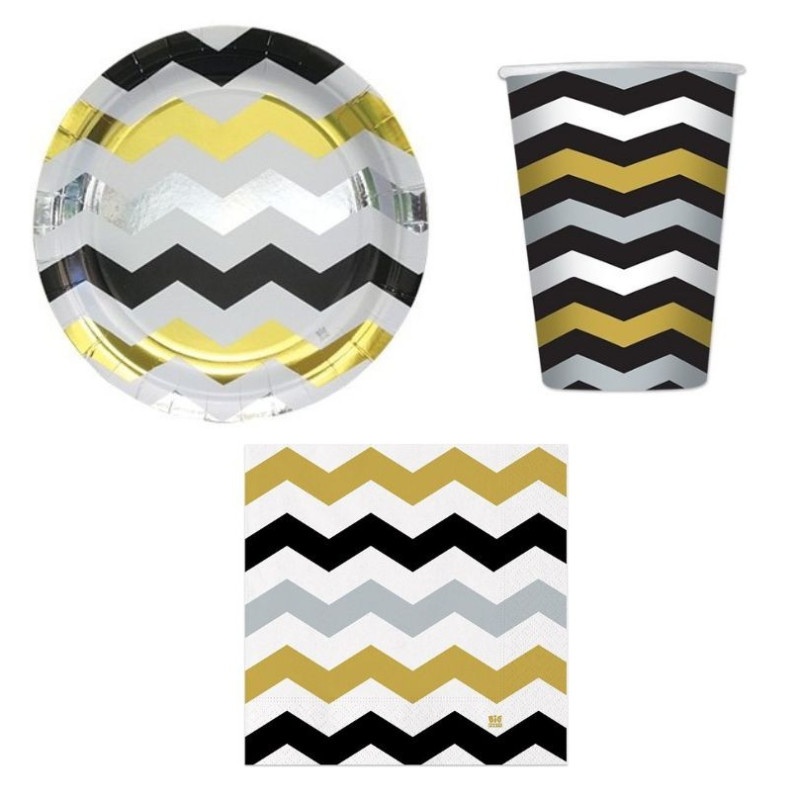 Coordinato tavola Zig Zag Prestige nero, oro,bianco argento - Piatto, bicchiere tovaglioli