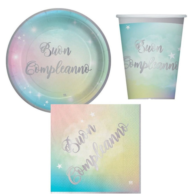 Coordinato tavola Buon Compleanno SOFT RAINBOW piatti bicchieri tovaglioli