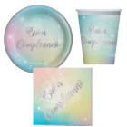 Coordinato tavola Buon Compleanno SOFT RAINBOW piatti bicchieri tovaglioli