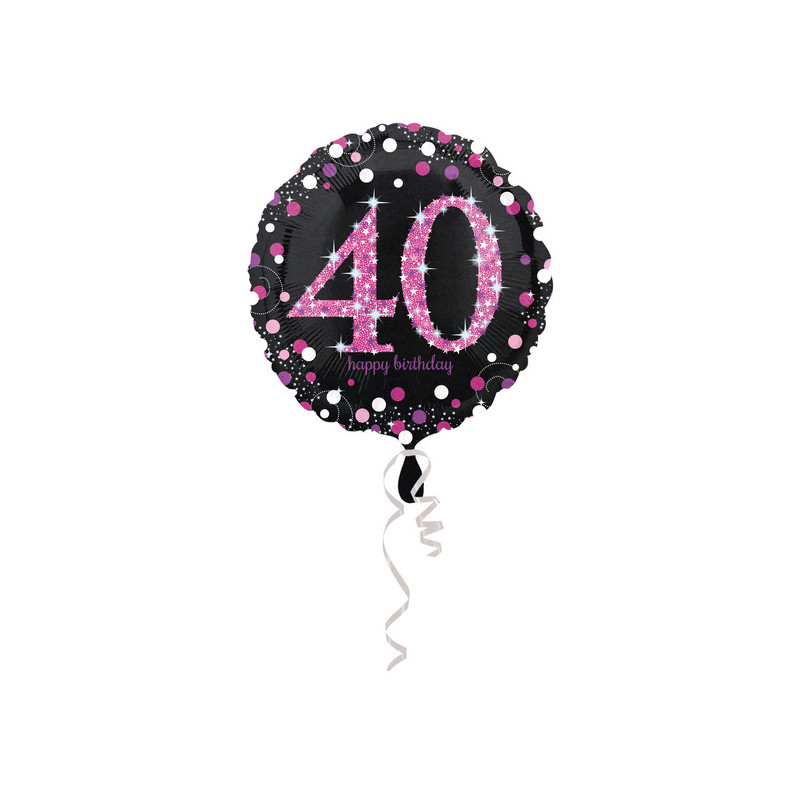Palloncino foil mylar 40 ANNI colore NERO e ROSA/FUXIA con stampa olografica - 45 cm