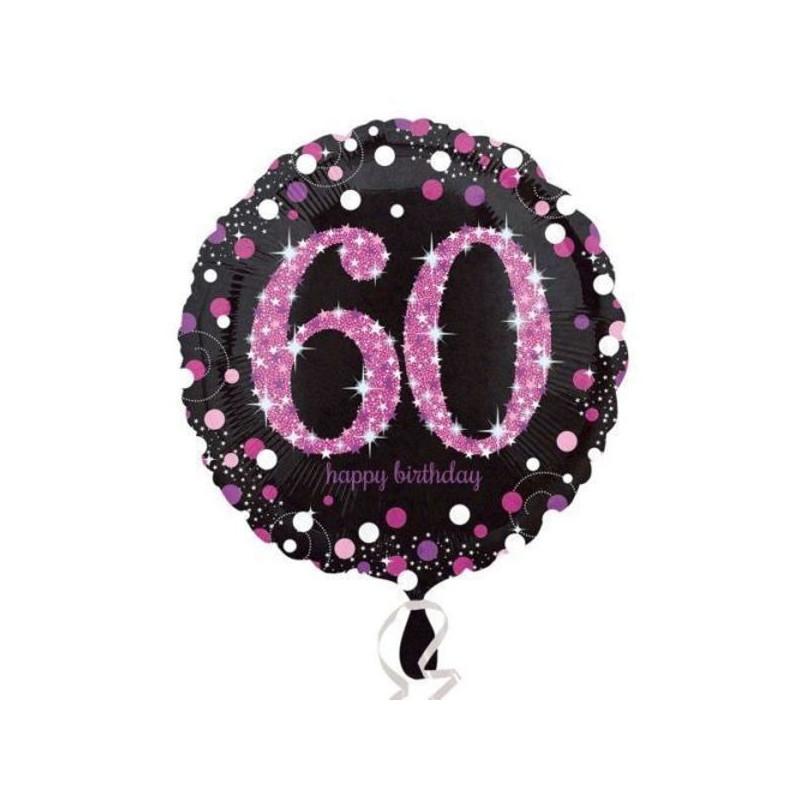 Palloncino foil mylar 60 ANNI colore NERO e ROSA/FUXIA con stampa olografica - 45 cm