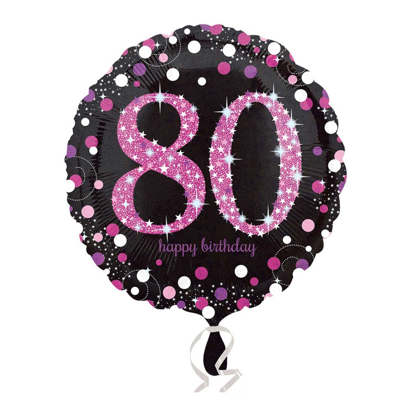 Palloncino foil mylar 80 ANNI colore NERO e ROSA/FUXIA con stampa olografica - 45 cm