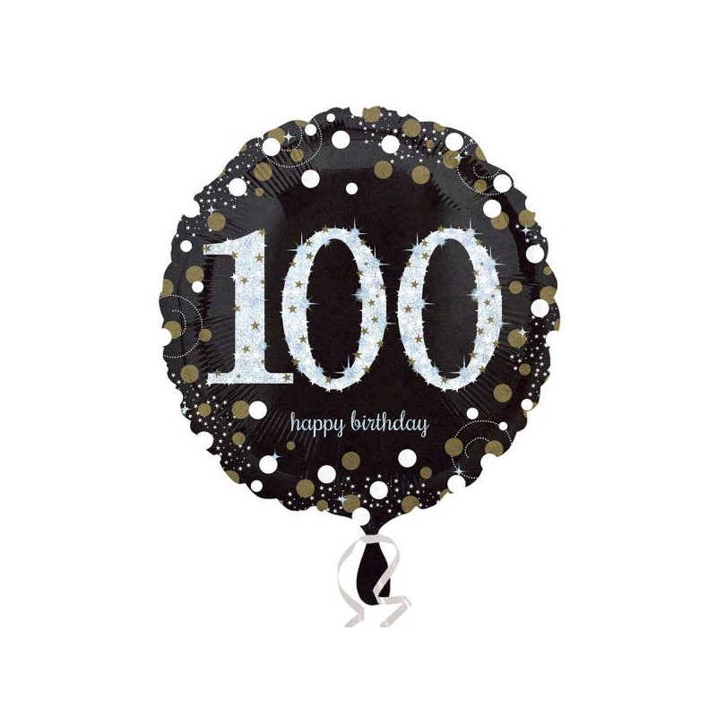 Palloncino foil mylar 100 ANNI colore NERO e ARGENTO con stampa olografica - 45 cm