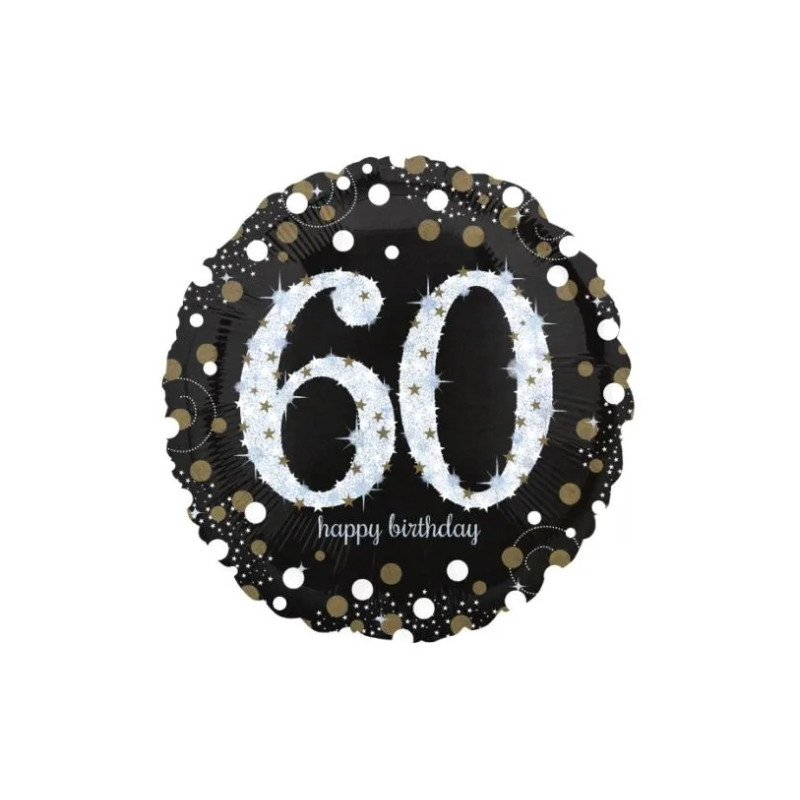 Palloncino foil mylar 60 ANNI colore NERO e ARGENTO con stampa olografica - 43 cm