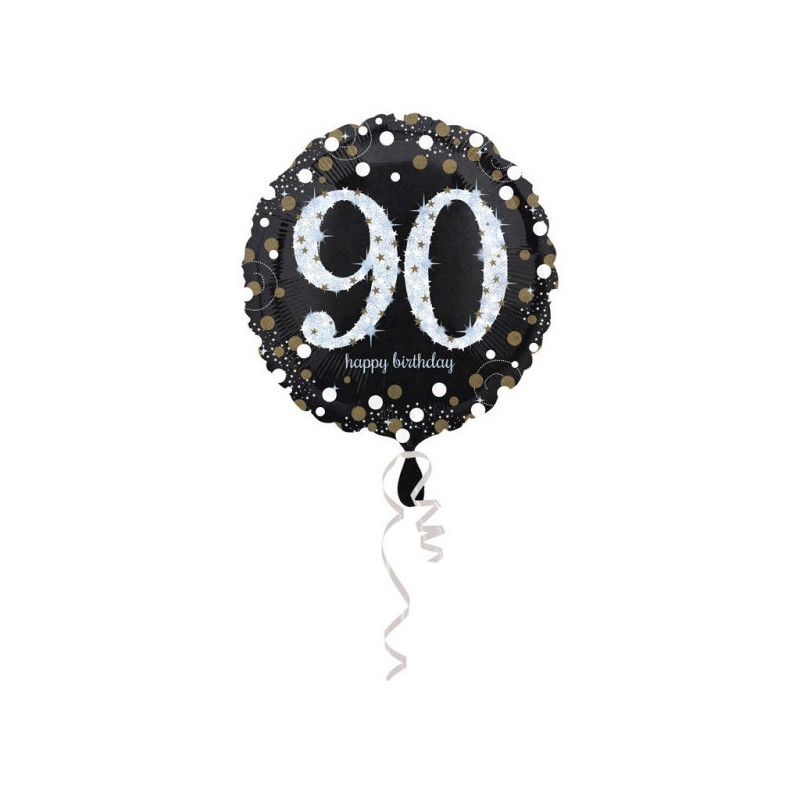 Palloncino foil mylar 90 ANNI colore NERO e ARGENTO con stampa olografica - 43 cm