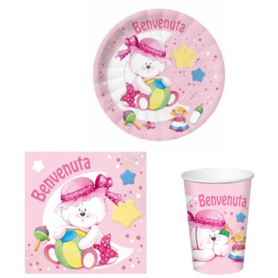 Coordinato tavola BENVENUTA Rosa bambina bimba piatti bicchieri tovaglioli