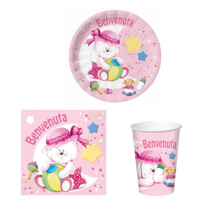 Coordinato tavola BENVENUTA Rosa bambina bimba piatti bicchieri tovaglioli