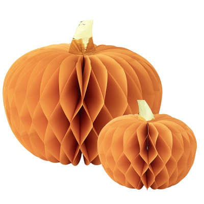 Set 2 ZUCCHE HALLOWEEN in carta arancione e peduncolo ORO, Altezza  20 e 30 cm - addobbo casa
