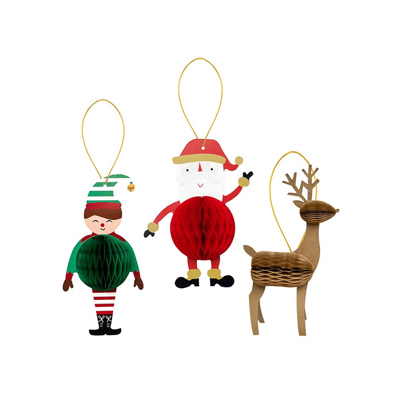 Set 3 decori in carta SANTA CLAUS, ELFO e RENNA altezza 14 cm - addobbo tavolo, casa