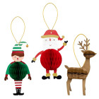 Set 3 decori in carta SANTA CLAUS, ELFO e RENNA altezza 14 cm - addobbo tavolo, casa