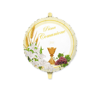 Pallone PRIMA COMUNIONE Calice e fiori Bianco e Crema - PALLONCINO 45cm - gonfiabile ad elio
