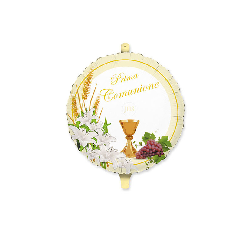 Pallone PRIMA COMUNIONE Calice e fiori Bianco e Crema - PALLONCINO 45cm - gonfiabile ad elio