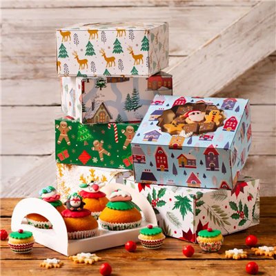 Scatola per dolci in cartoncino per alimenti - Decori renne - 17,5x8,5cm
