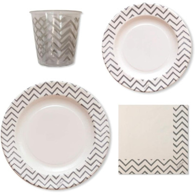 Set 44 pz Coordinato - CHEVRON SILVER - piatti, bicchieri, tovaglioli  addobbo decoro tavola