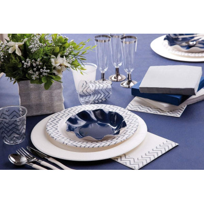 Set 44 pz Coordinato - CHEVRON SILVER - piatti, bicchieri, tovaglioli  addobbo decoro tavola