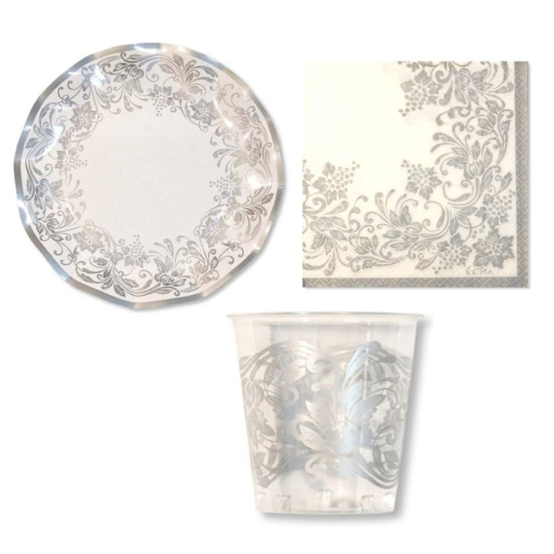 Set 40 pz Coordinato - NOBLESSE ARGENTO - piatti, bicchieri, tovaglioli  addobbo decoro tavola