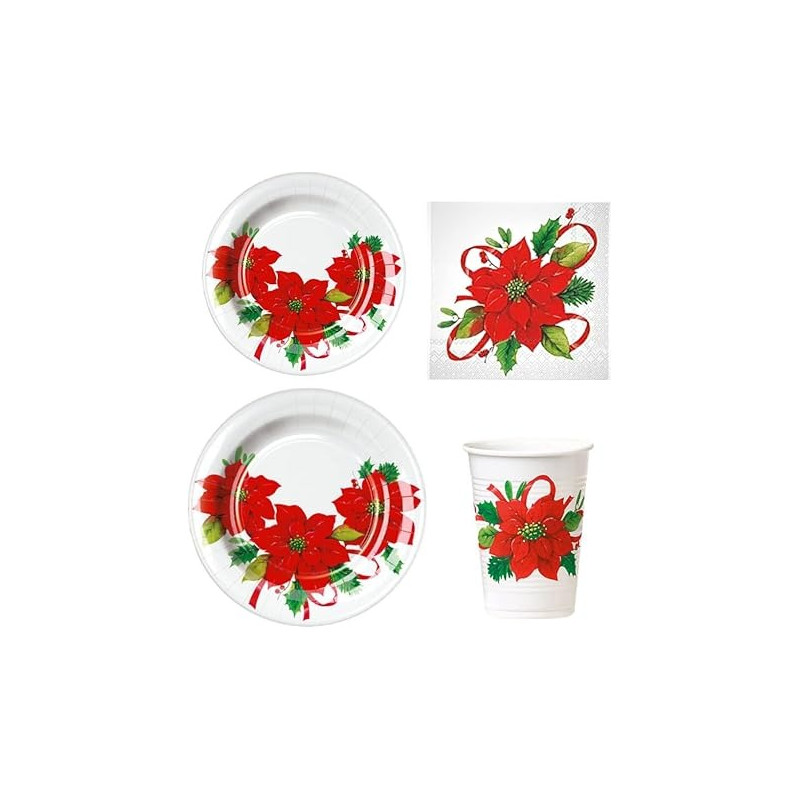 SET 88 PZ COORDINATO tavolo NATALIZIO Bianco con Stelle di Natale Rosse 16 Ospiti