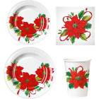 SET 88 PZ COORDINATO tavolo NATALIZIO Bianco con Stelle di Natale Rosse 16 Ospiti