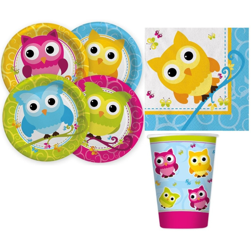 Coordinato festa GUFETTI - GUFI colorati piatti bicchieri tovaglioli